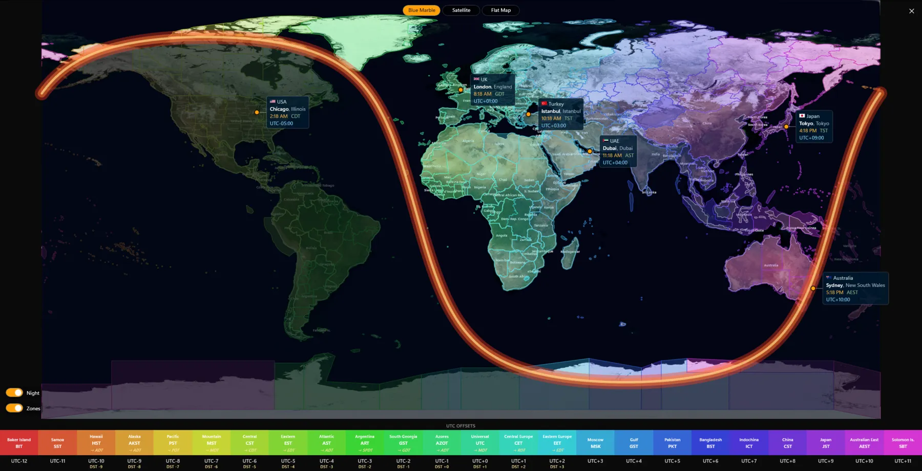 Blue Marble world map with timezone overlay, day/night terminator and city cards